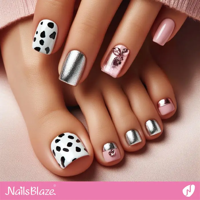 Silver and Pink Luxury Nails with Dalmatian Print Design | Animal Print Nails - NB2012